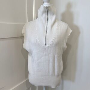 Women's Sleeveless White Sweater with High Neck Zip Up Small